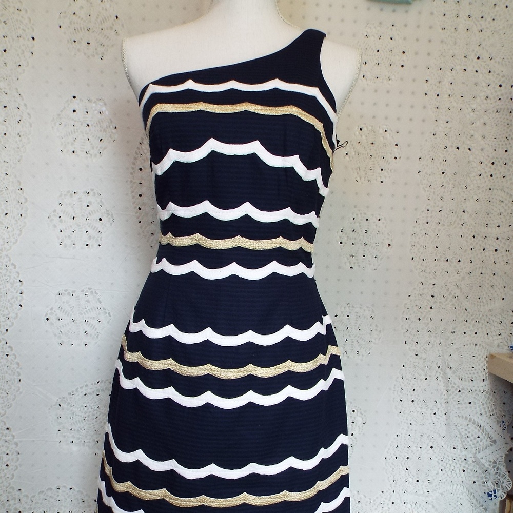 Lilly Pulitzer Navy One-Shoulder Scallop Stripe Dress Size 2